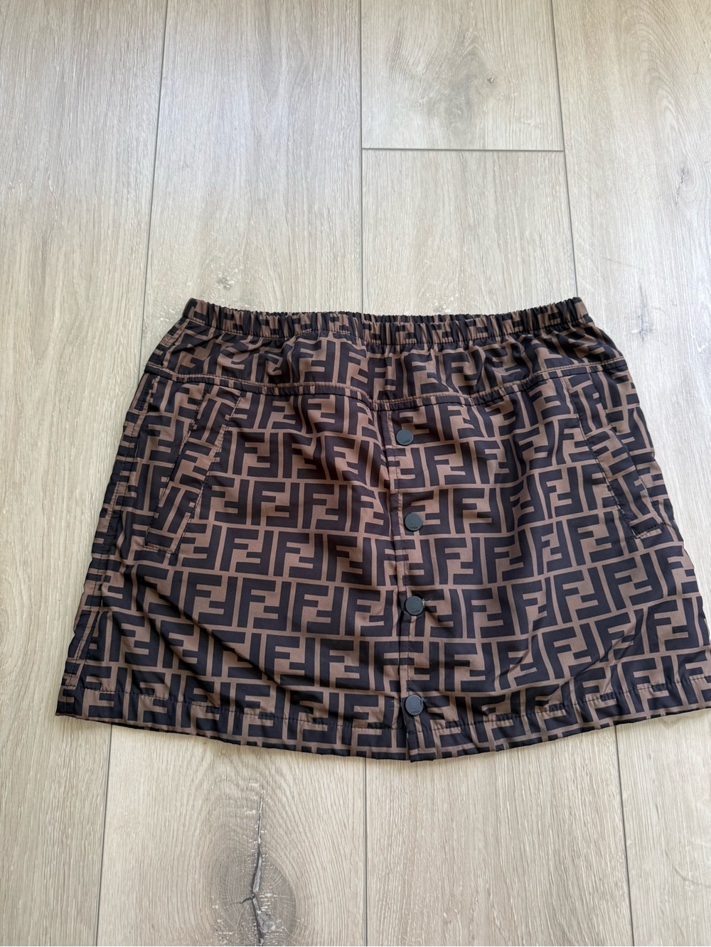 Fendi Authentic Brown Monogram Logo-Print Button Mini Skirt. Fits size XS